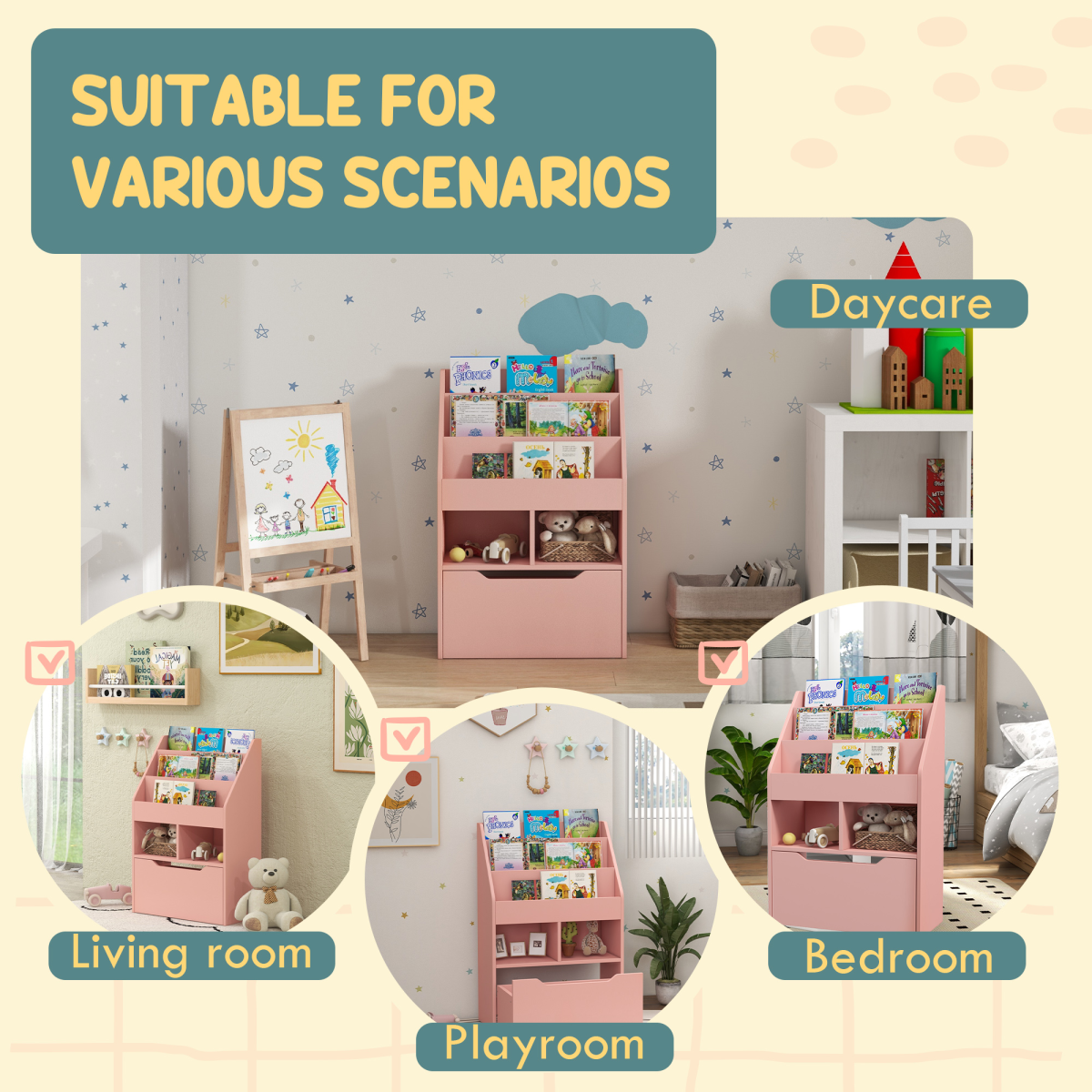 Kids Bookshelf & Storage Organiser with Wheels – Pink