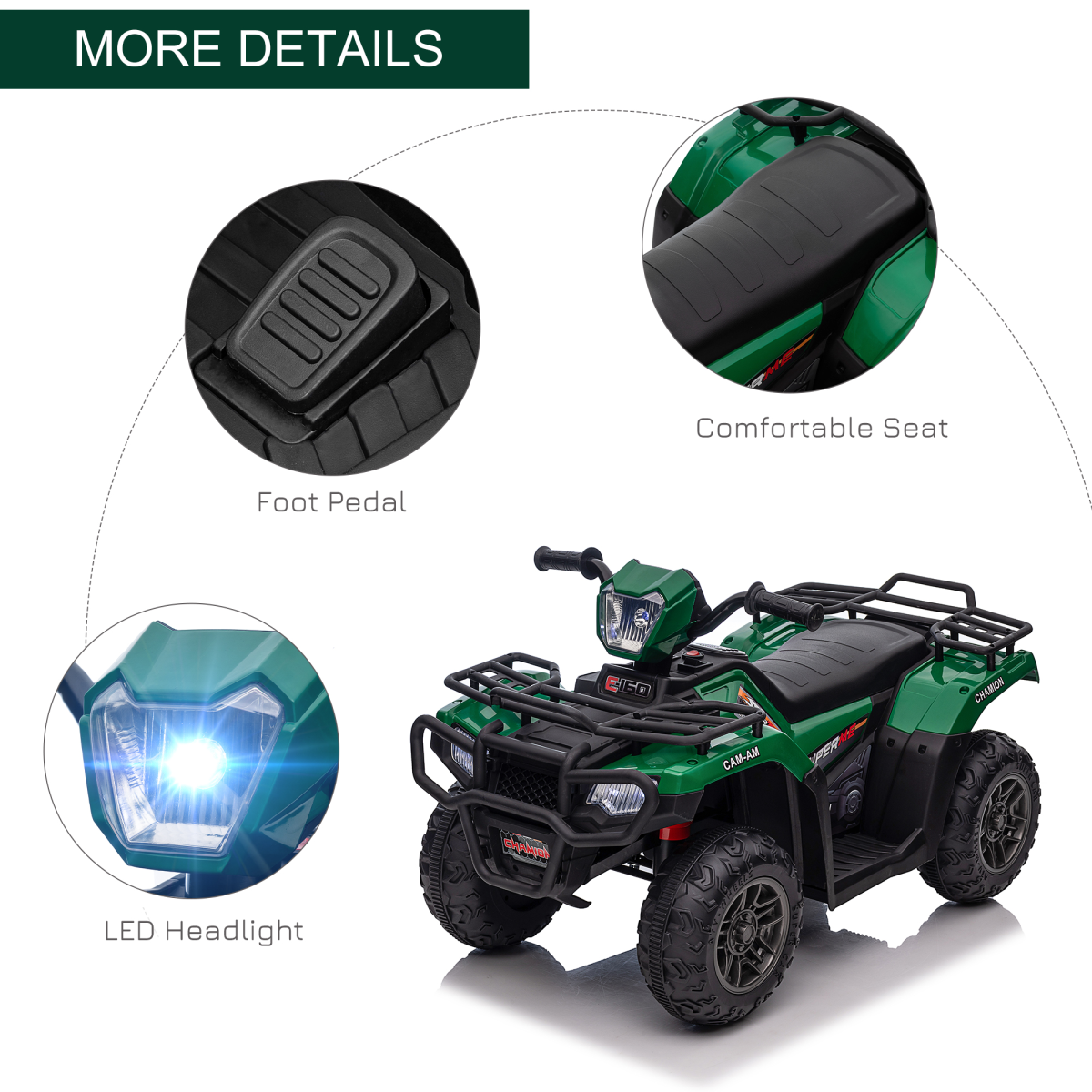 HOMCOM 12V Electric Quad Bike for Kids w/ LED Headlights, Music - Green