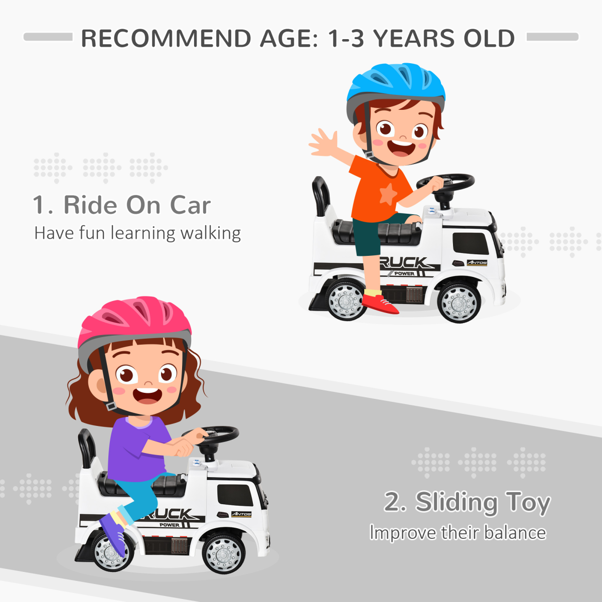3-in-1 Toddler Ride-On Car with Steering & Horn – White