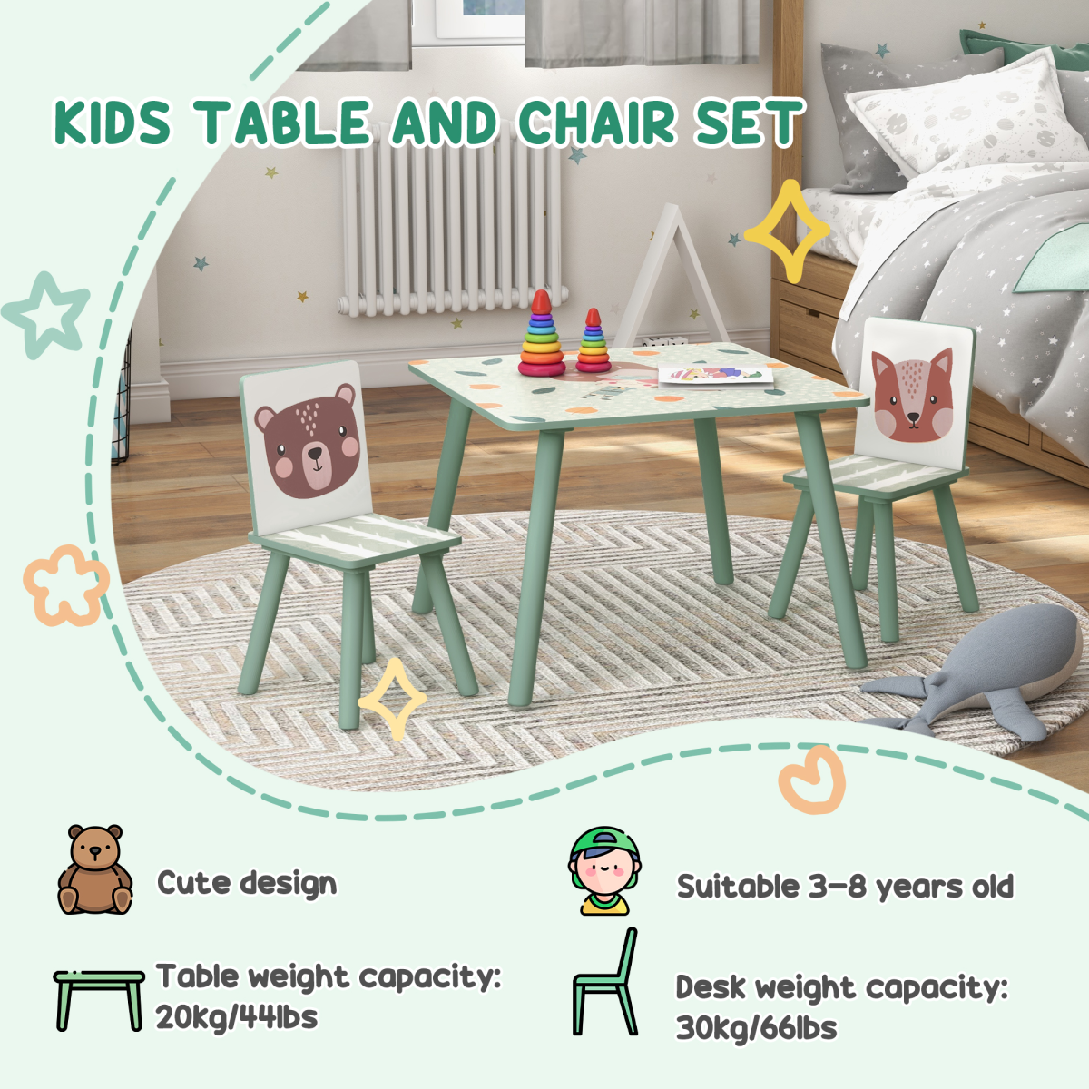 Kids Table & Chair Set – 3-Piece Desk with 2 Chairs, Green