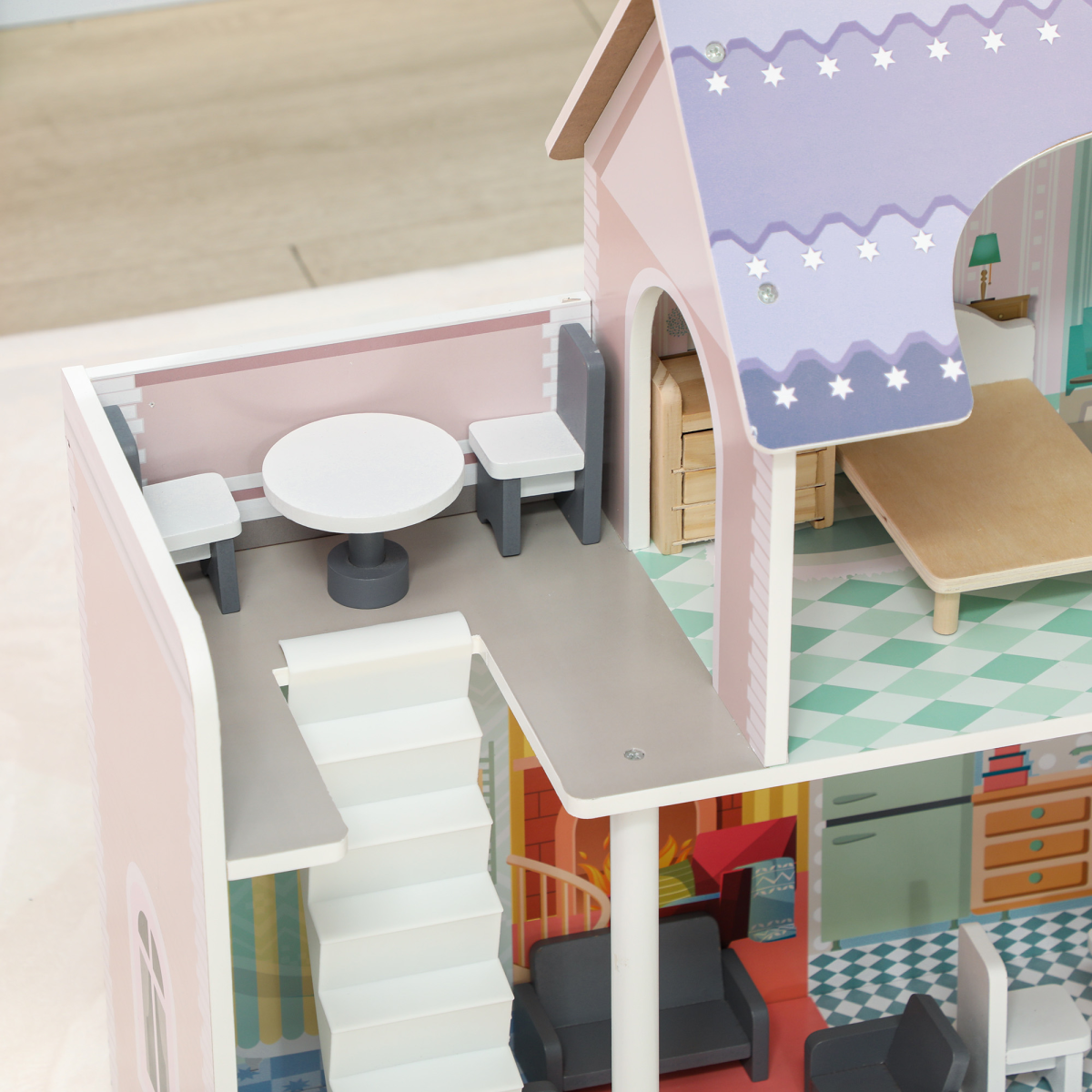 Wooden Dollhouse with Furniture & Balcony – Multicolour (60cm, Ages 3–6)