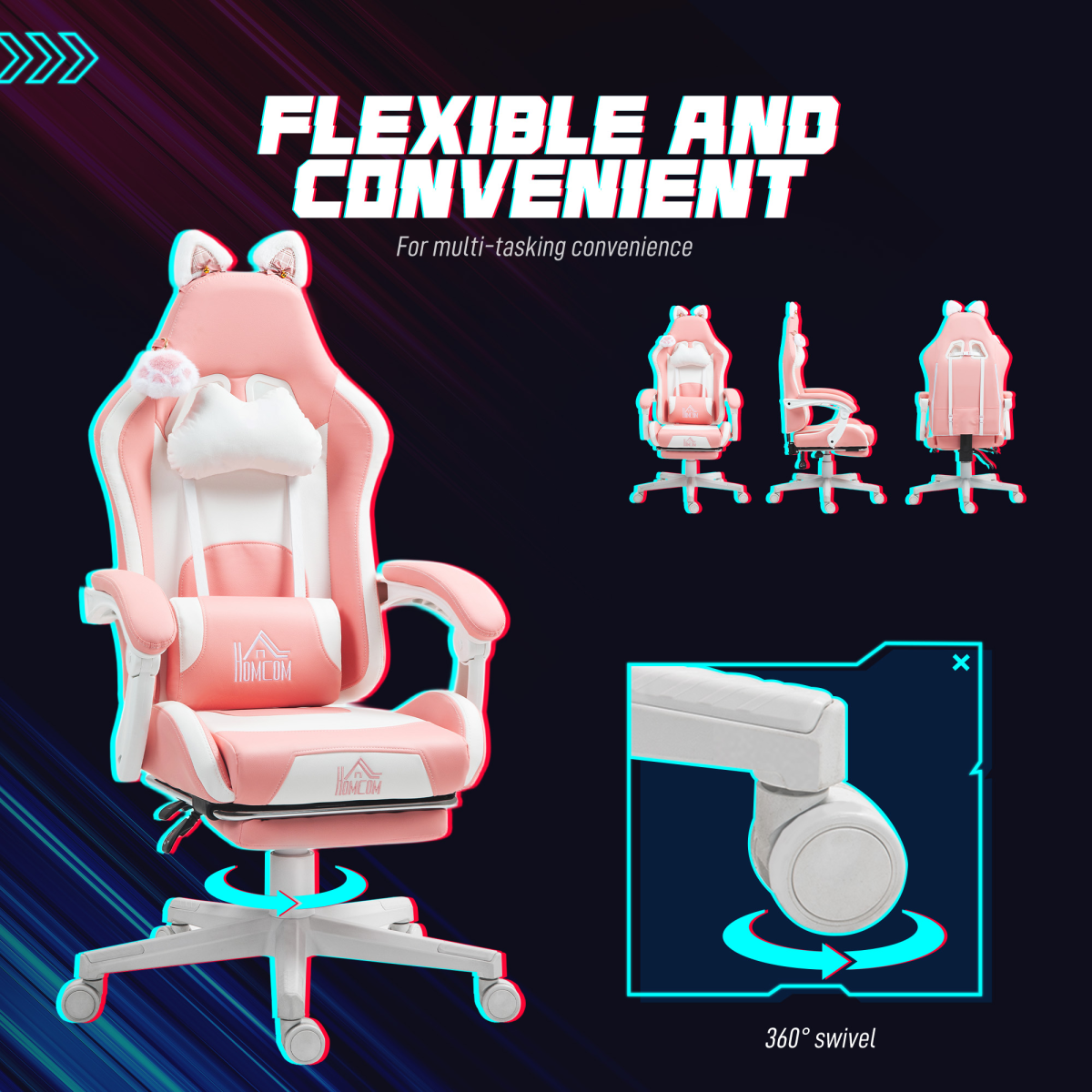 Pink Gaming Chair with Cat Ears & Paw ā Reclining, Adjustable & Cute Comfort HOMCOM