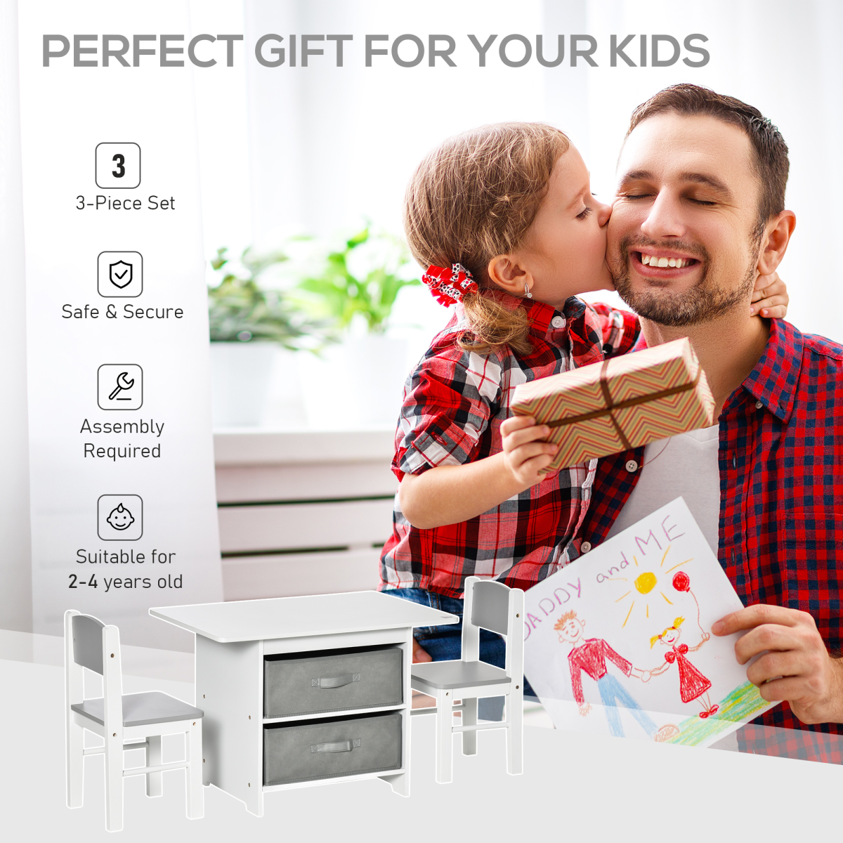 3 Pcs Kids Table & Chairs Set Toddler Furniture Storage Drawers