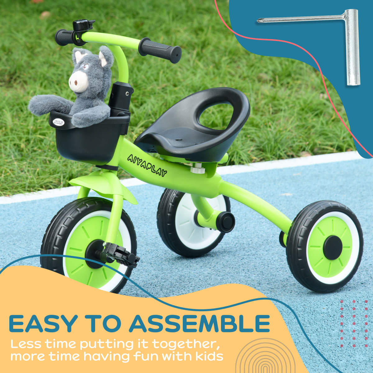 AIYAPLAY Trike with Adjustable Seat Basket Kids Tricycle for 2-5 Years Old Green