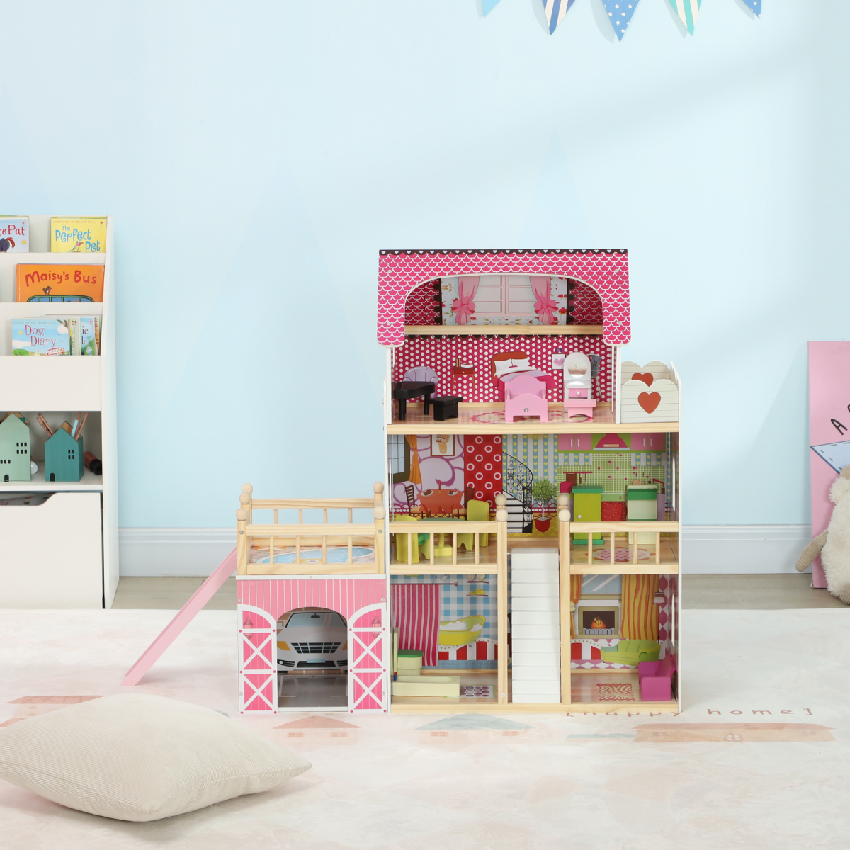 3-Storey Wooden Dollhouse with Furniture & Accessories – Pink