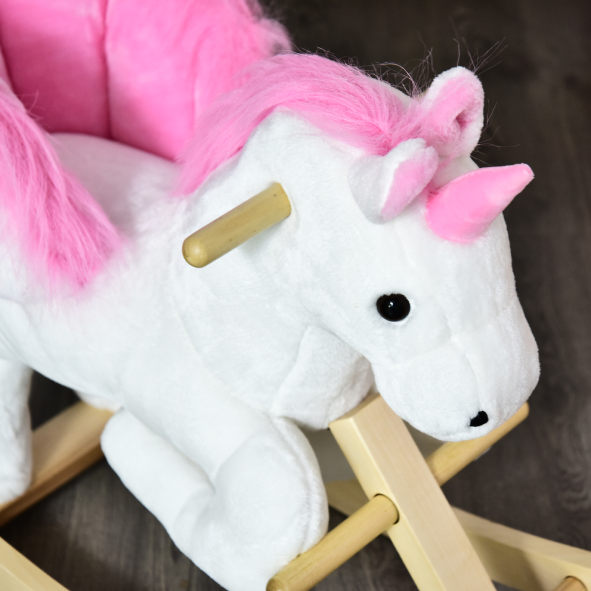 HOMCOM Kids Wooden Ride-On Unicorn Rocking Horse with Music – Pink & White (18+ Months)