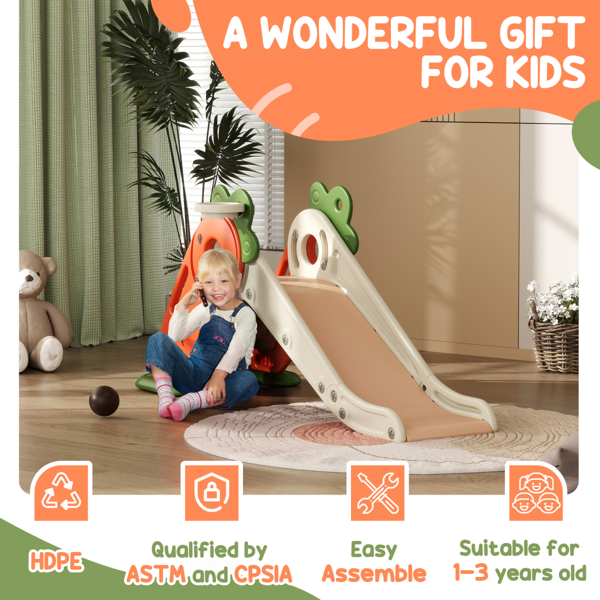 ๐ฅ Carrot-Themed Toddler Slide & Climber with Basketball Hoop โ Orange