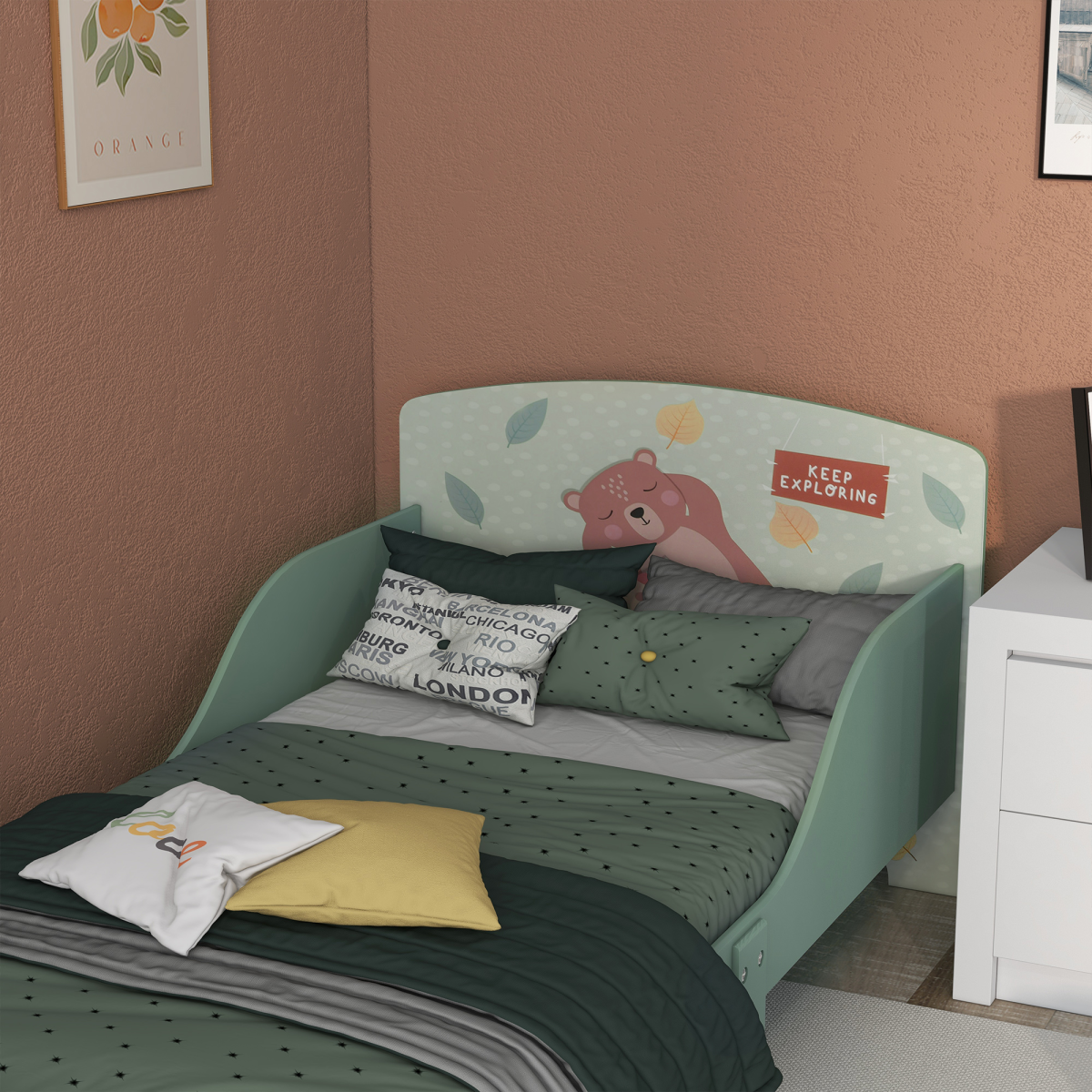 Kids Animal Bed Frame with Side Panels – Green (Ages 3–6)