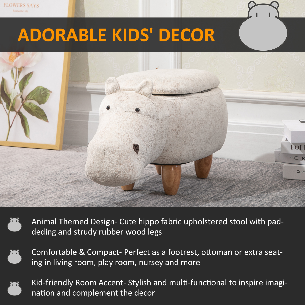 Kids Hippo Storage Ottoman ā Cream White HOMCOM