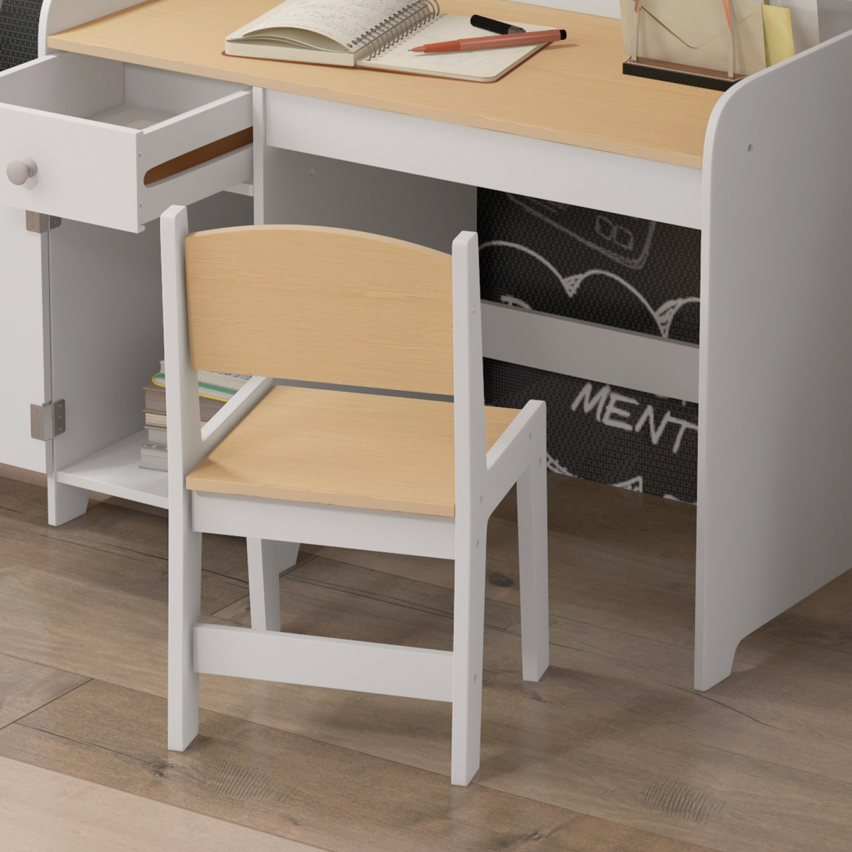 Kids Desk & Chair Set with Storage – White (Ages 3–6)