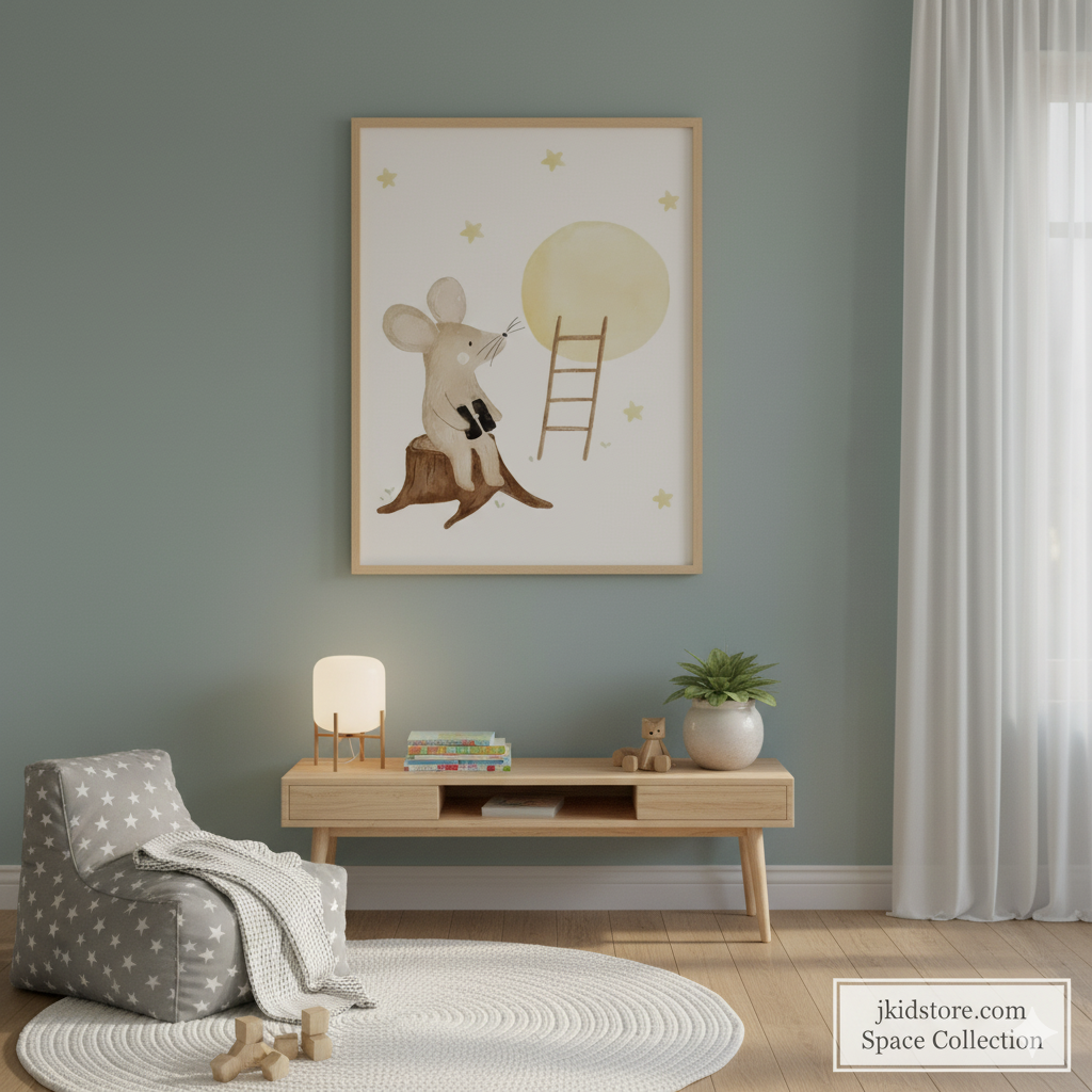 Children's room with a framed illustration of a mouse on a tree stump, a wooden table with decor items, and a bean bag chair.