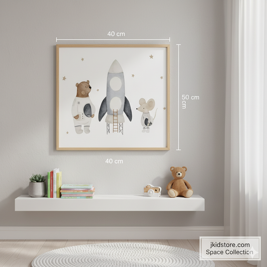 Framed artwork of a bear astronaut and mouse on a rocket with measurements, displayed on a wall above a shelf.