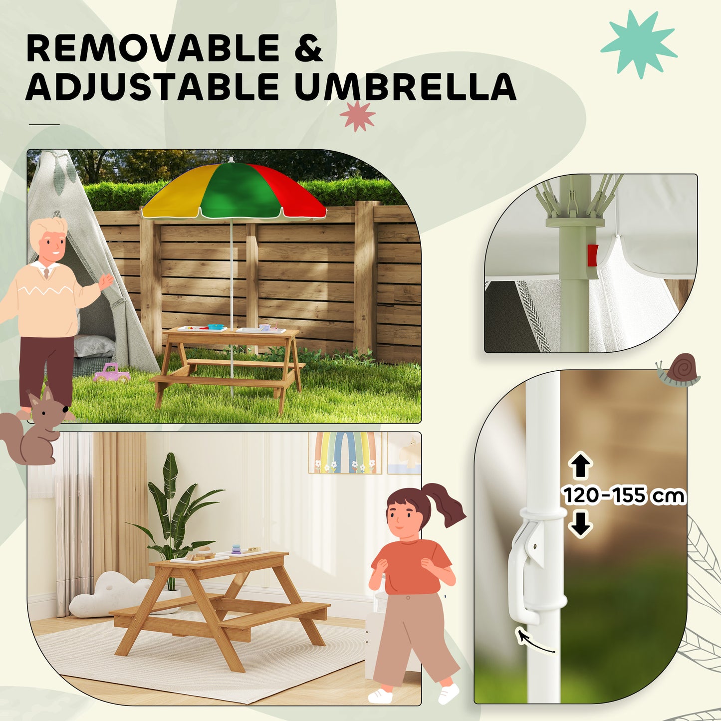 Children's Outdoor Wooden Table Set with Adjustable Parasol & Storage