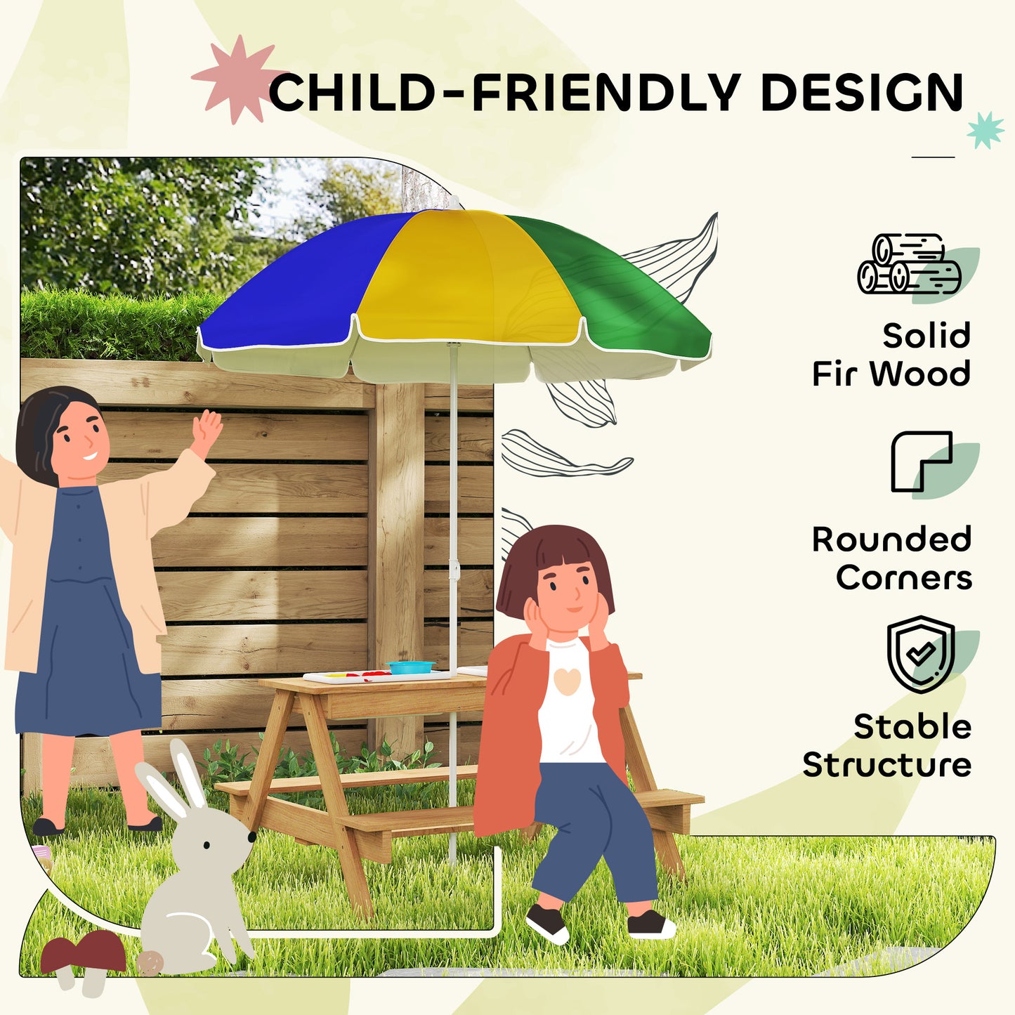 Children's Outdoor Wooden Table Set with Adjustable Parasol & Storage