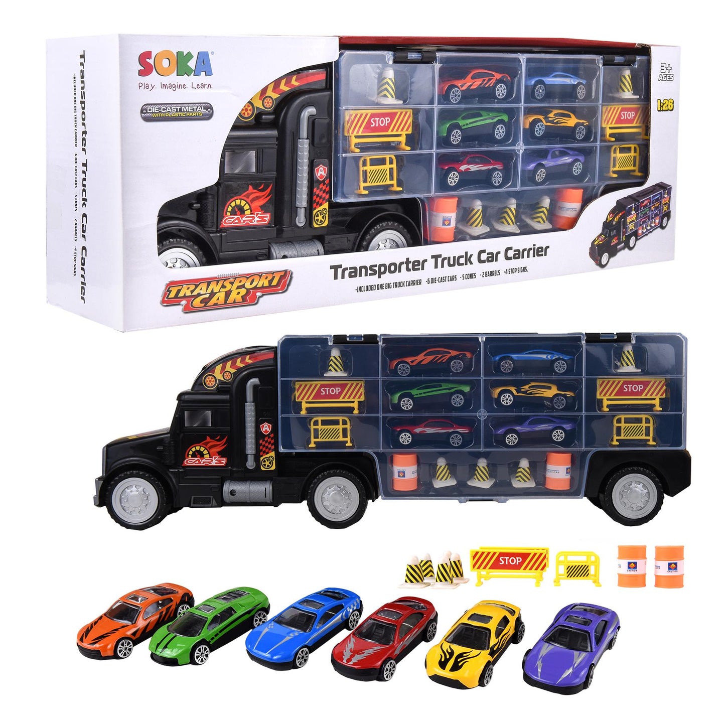 Highway Carrier Truck Playset with 6 Die-Cast Cars & Accessories