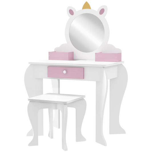 Kids Unicorn Dressing Table & Stool Set with Mirror – White & Pink (Ages 3–6)