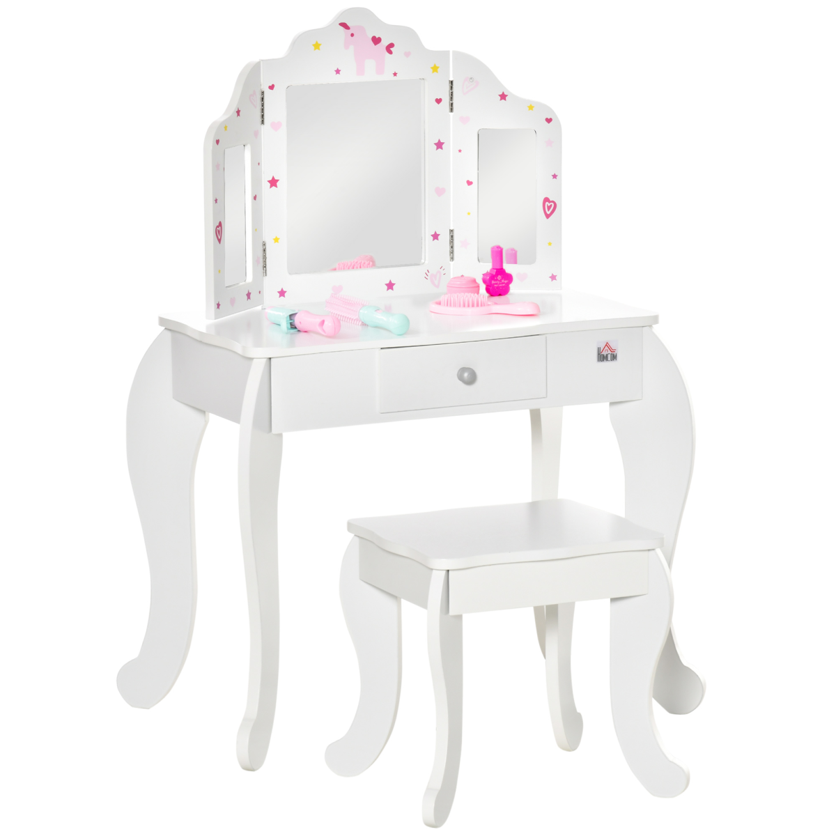 HOMCOM Kids Vanity Table & Stool Set with Rotatable Mirror β White & Pink