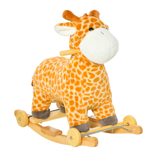 Kids 2-in-1 Giraffe Rocking Horse with Wheels & Sound – Wooden Frame Plush Ride-On Toy