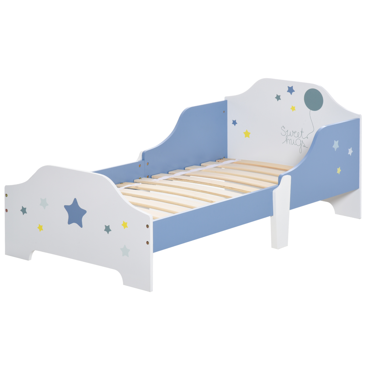 Kids’ Toddler Bed with Stars & Balloon Design – Blue & White