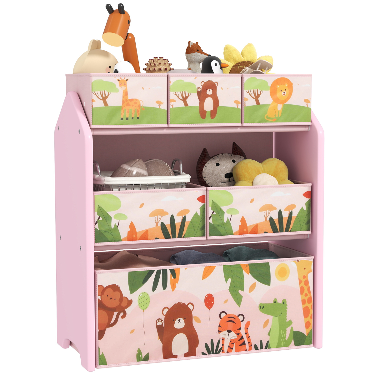 Kids 3-Tier Storage Unit with 6 Removable Boxes – Pink Cartoon Design