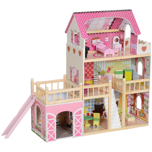 3-Storey Wooden Dollhouse with Furniture & Accessories – Pink