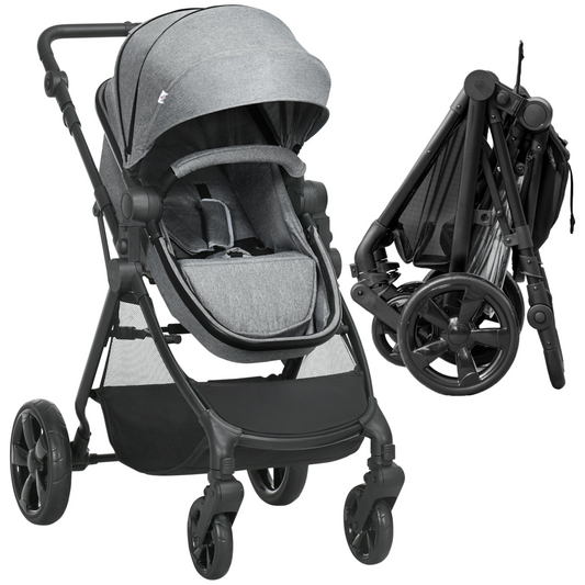 Foldable Baby Pushchair w/ Fully Reclining Backrest From Birth to 3 Years- Gey