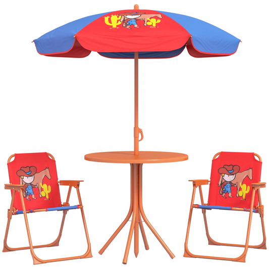 Kids Cowboy-Themed Garden Set – 4-Piece Table, Chairs & Adjustable Parasol (Ages 3–6)