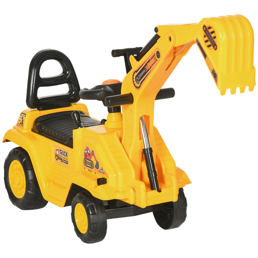 Kids Ride-On Digger with Shovel, Horn & Storage – Yellow (Ages 18–48 Months)