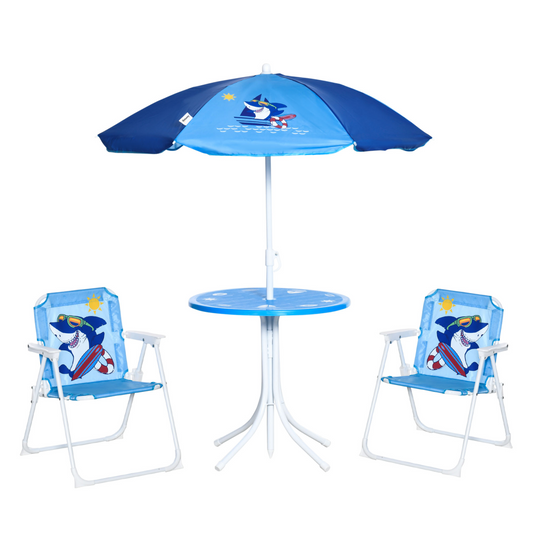Kids Foldable Four-Piece Garden Set with Table, Chairs & Umbrella – Blue Shark Design