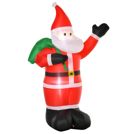 Inflatable Santa Claus figure with a green sack on a white background