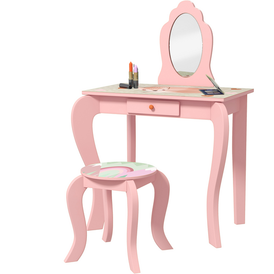 Kids Dressing Table Set with Stool & Mirror – Pink Animal Design