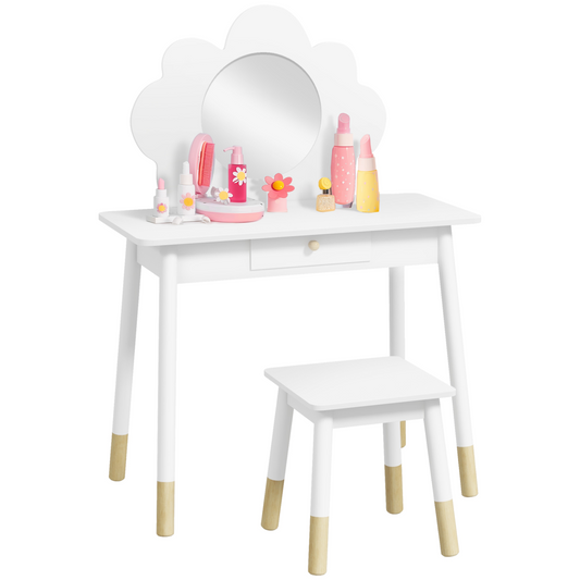 Kids Cloud Dressing Table & Stool Set with Mirror & Drawer – White (Ages 3–6)