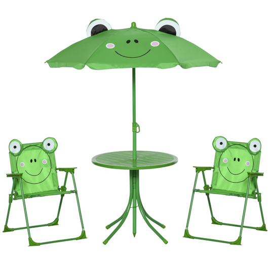 Foldable Patio Kids Metal Picnic Table with Frog Umbrella – 4-Piece Set