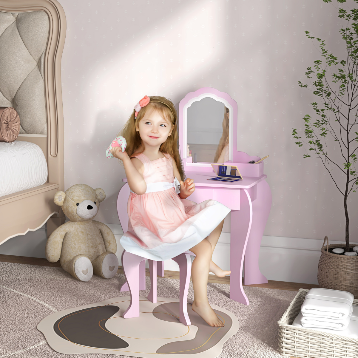 Kids Vanity Table & Stool Set with Cloud Mirror – Pink