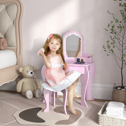 Kids Vanity Table & Stool Set with Cloud Mirror – Pink