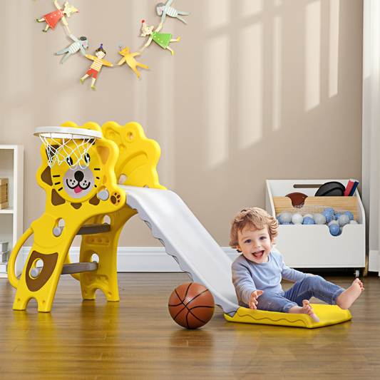 2-in-1 Toddler Slide & Basketball Hoop – Cartoon Lion Design