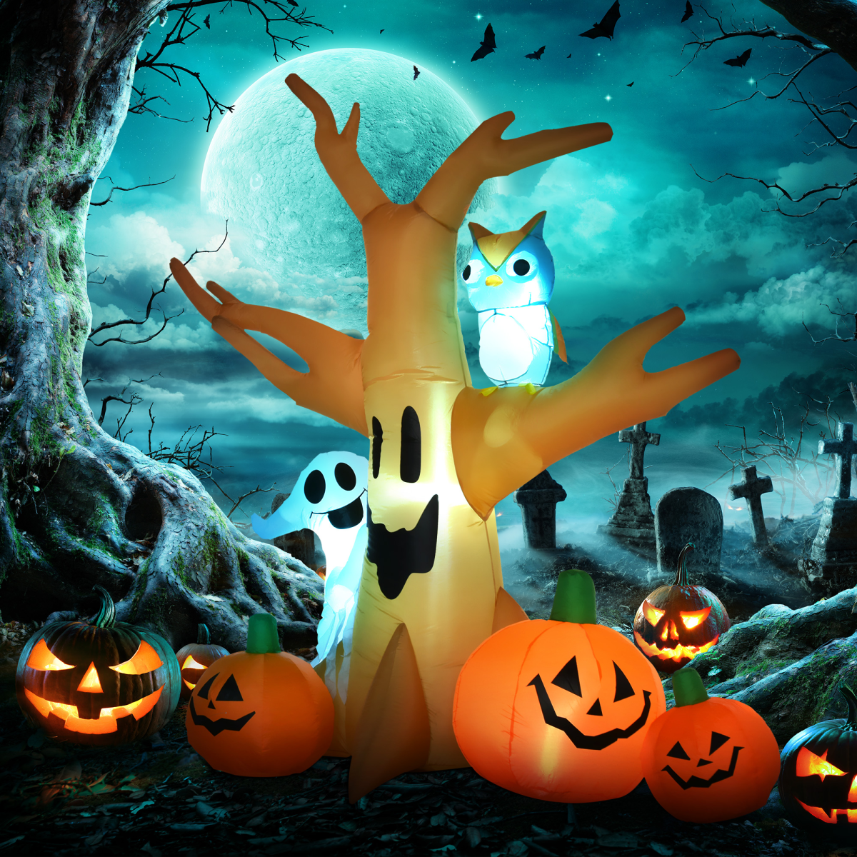 2.4m Inflatable Halloween Tree with Ghost, Pumpkins, Owl & LED Lights – Outdoor Yard Decoration