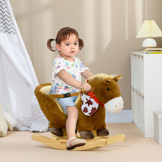 HOMCOM Kids Rocking Horse with Safety Belt & Foot Pedals – Brown (Ages 18–36 Months)