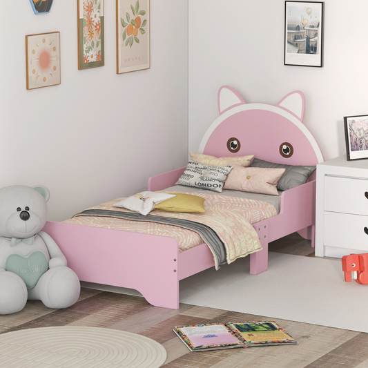 Kids Cat Bed Frame with Guardrails – Pink (Ages 3–6)