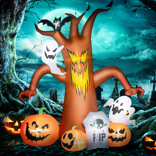 2.4m Inflatable Halloween Horror Tree with Ghosts, Pumpkins, Bat & Tombstone – LED Lights
