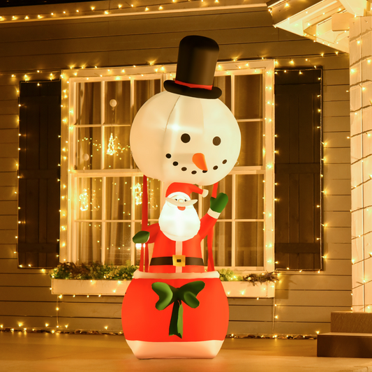 Inflatable snowman decoration with a Santa clause inside, lit up by string lights on a house exterior.