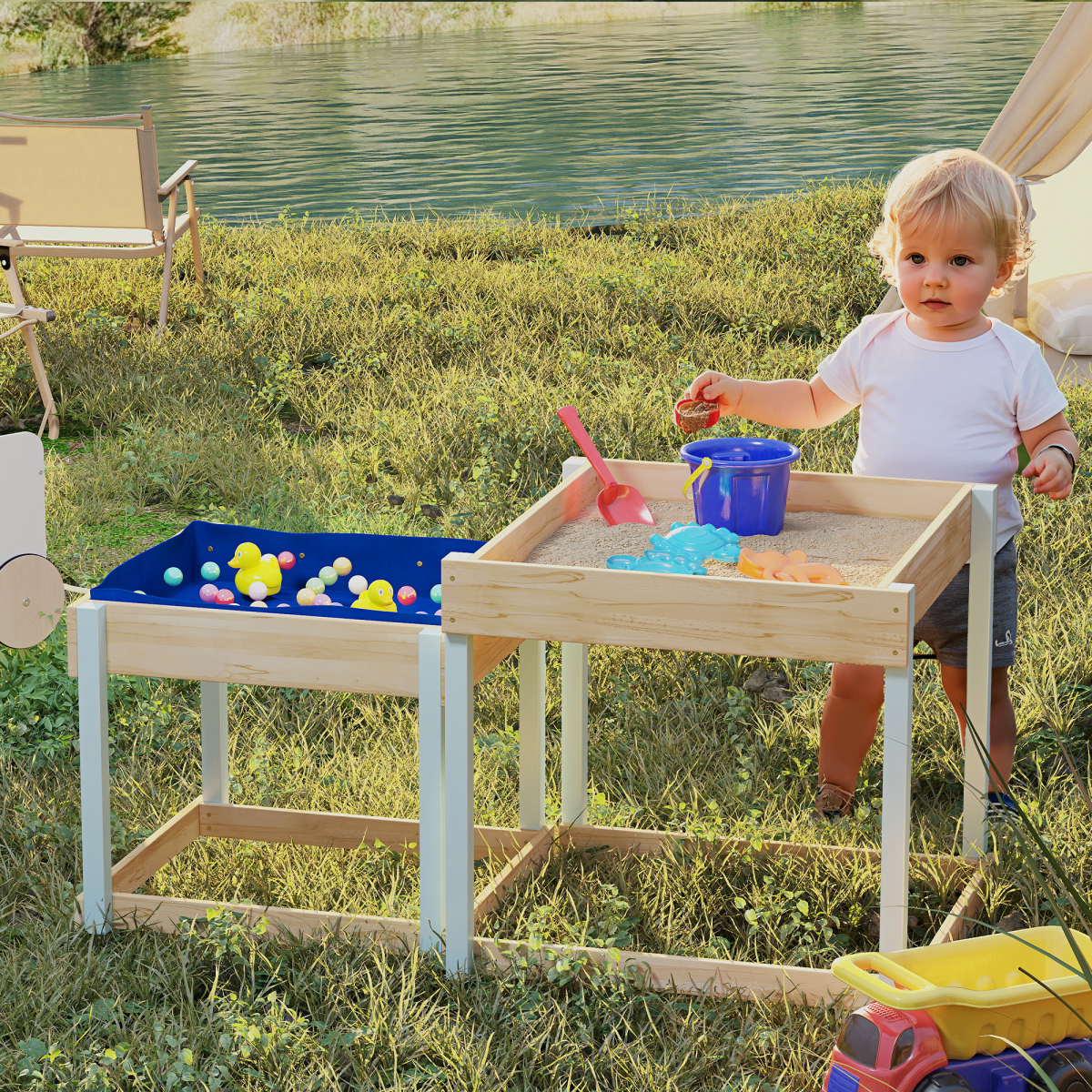 Dual Wooden Sand & Water Play Tables – Compact Nesting Design