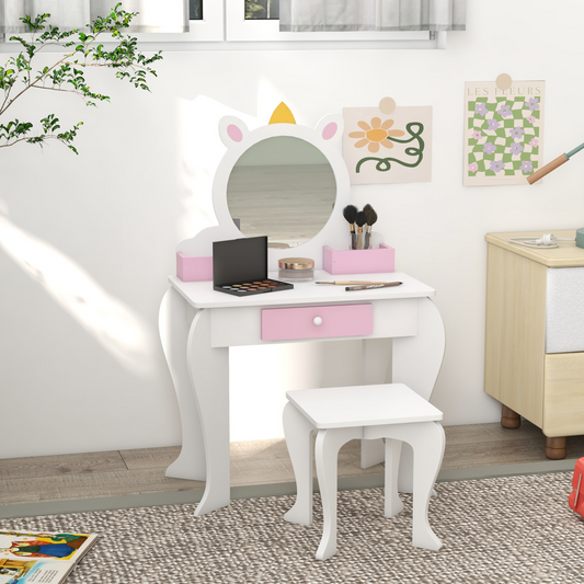 Kids Unicorn Dressing Table & Stool Set with Mirror – White & Pink (Ages 3–6)