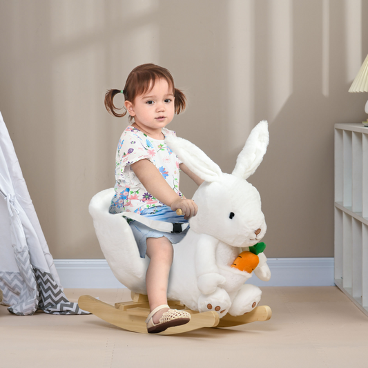 HOMCOM Rabbit Rocking Horse with Sounds, Carrot Toy & Seatbelt – Ages 18–36 Months