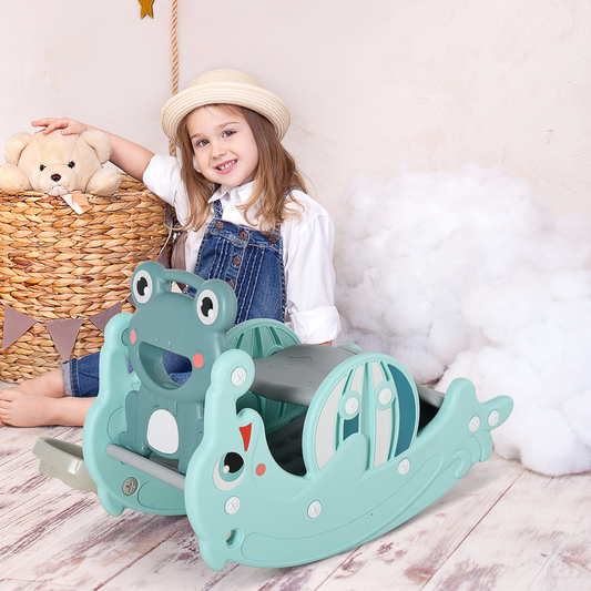 3-in-1 Kids Rocking Horse, Slide & Basketball Hoop – Frog & Dolphin Design