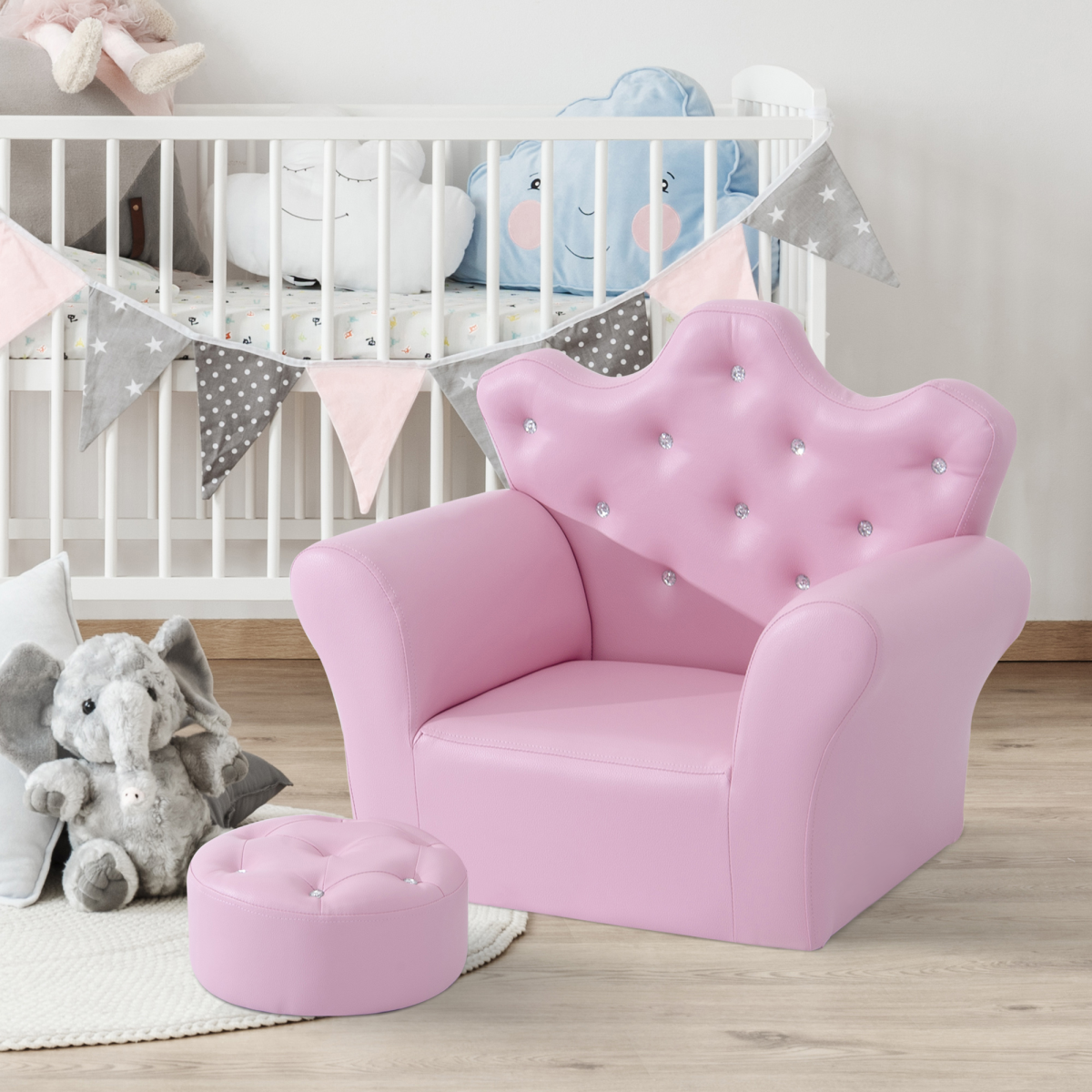 Pink children's chair with tufted backrest in a nursery setting