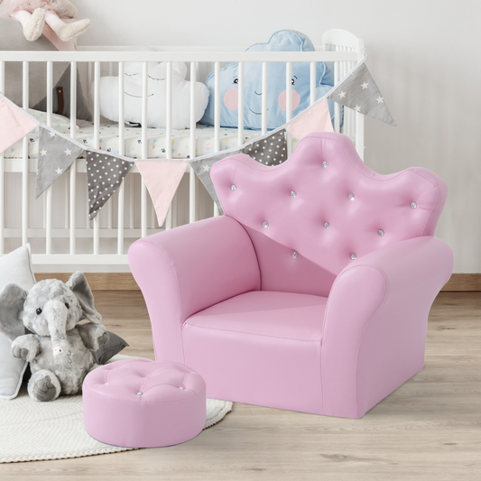 Pink children's chair with tufted backrest in a nursery setting
