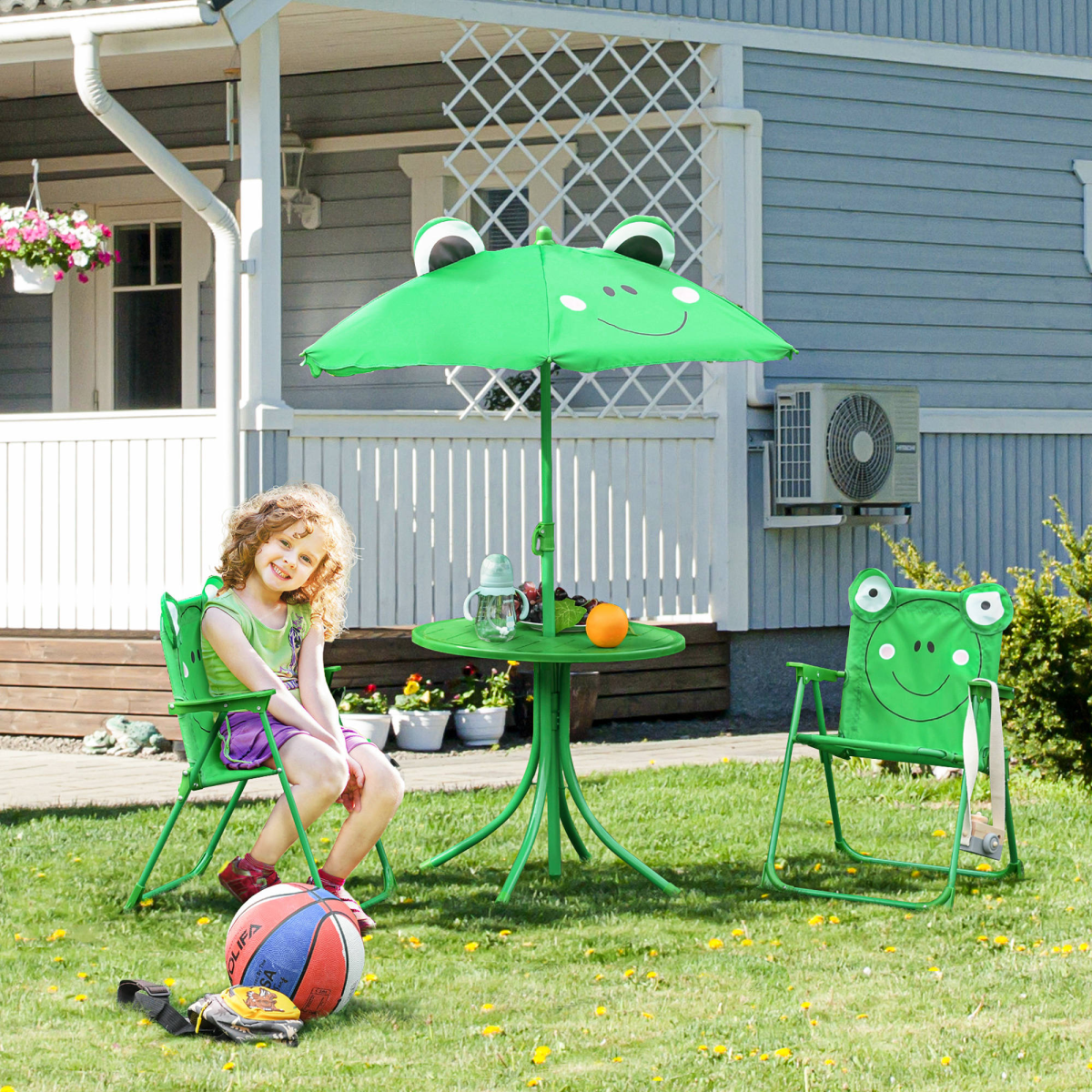 Foldable Patio Kids Metal Picnic Table with Frog Umbrella – 4-Piece Set