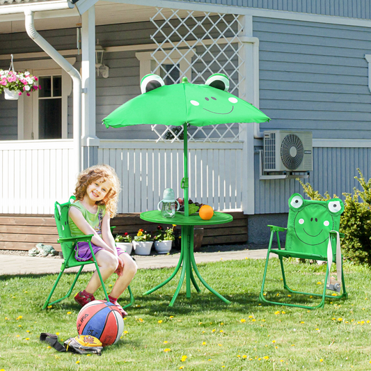 Foldable Patio Kids Metal Picnic Table with Frog Umbrella – 4-Piece Set