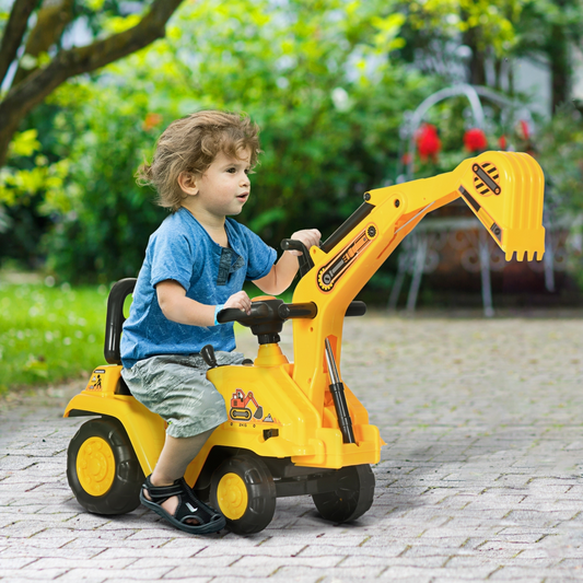 Kids Ride-On Digger with Shovel, Horn & Storage – Yellow (Ages 18–48 Months)